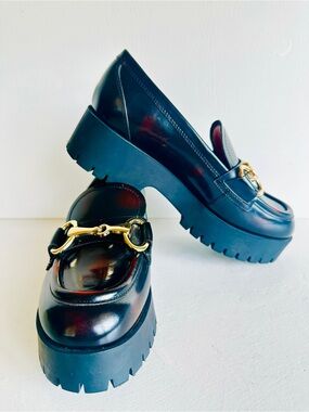 MARC FISHER Brn/Blk With Gold Horsebit Hardware Platform Loafer